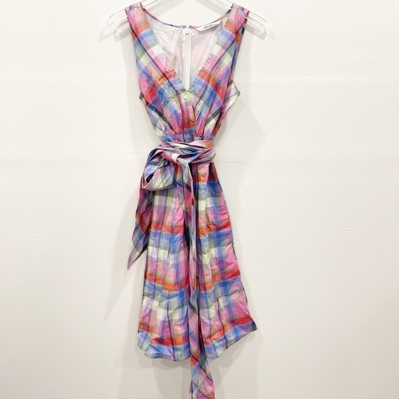 eShakti Cotton Voile Check Surplice Dress Multicolor Plaid Belted Pleated - Picture 3 of 9